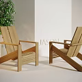 Modern Wooden Lounge Chairs in Minimalist Setting With Green Plant and White Background