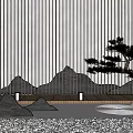 Karesansui Garden with Vertical Gray Wall Black Mountain Shapes Wooden Platform White Pebbles Pine Tree