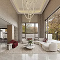 Elegant Duplex Living Room Interior With Large Windows Chandelier Sofa And Coffee Table