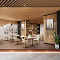 Modern Cafe Interior Design With Wooden Ceiling Pendant Lights Tables Chairs And Green Plants
