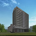 Modern High Rise Office Building With Glass Curtain Wall And Green Trees Under Blue Sky