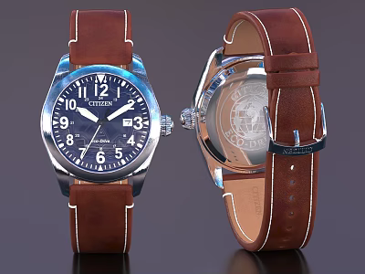 Premium Men's Watch With Brown Leather Strap And Blue Dial 3d model