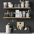 Modern Kitchenware Display On Wooden Shelves With Coffee Mugs Letter Cups And Striped Bowls