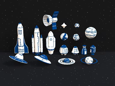 Space Themed Collection With Blue White Design Including Rockets Satellites Planet Models And Space Background 3d model