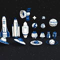 Space Themed Collection With Blue White Design Including Rockets Satellites Planet Models And Space Background
