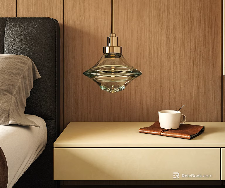 Bedroom Interior With Transparent Glass Pendant Light Above Bedside Table With Cup And Notebook 3d model 