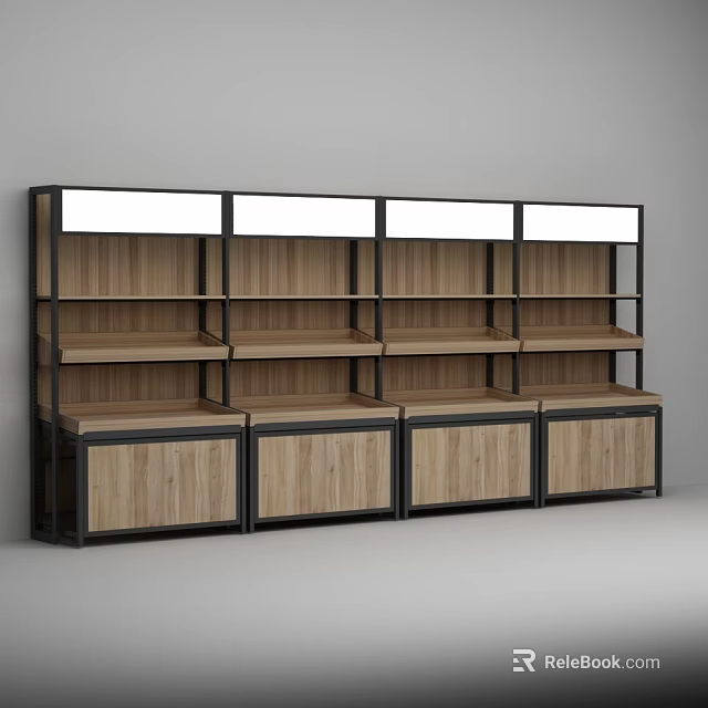 Fruit Store Modern Display Rack With Wooden Shelves Cabinet Doors And Overhead LED Lighting 3d model 