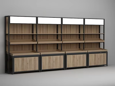 Fruit Store Modern Display Rack With Wooden Shelves Cabinet Doors And Overhead LED Lighting 3d model