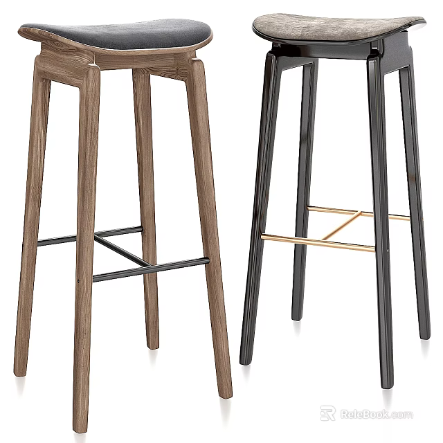 Walnut Wooden And Black Bar Stools With Metal Crossbar And Gold Accent Design 3d model 