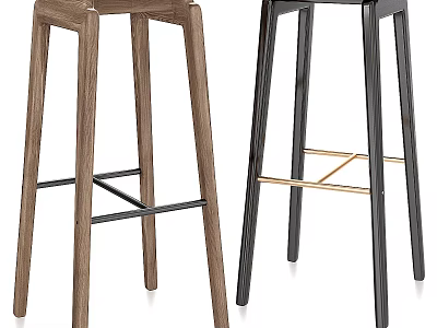 Walnut Wooden And Black Bar Stools With Metal Crossbar And Gold Accent Design 3d model
