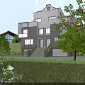 Modern Semi Detached Villa Exterior With Multiple Windows Balcony Green Trees Lawn And Blue Sky