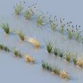 Various Types of Green and Yellow Grasses with Purple Spiky Flowers on Light Background