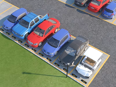 Parking Lot With Various Colored Cars In Marked Spaces Yellow Lines And Green Grass 3d model