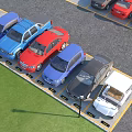 Parking Lot With Various Colored Cars In Marked Spaces Yellow Lines And Green Grass