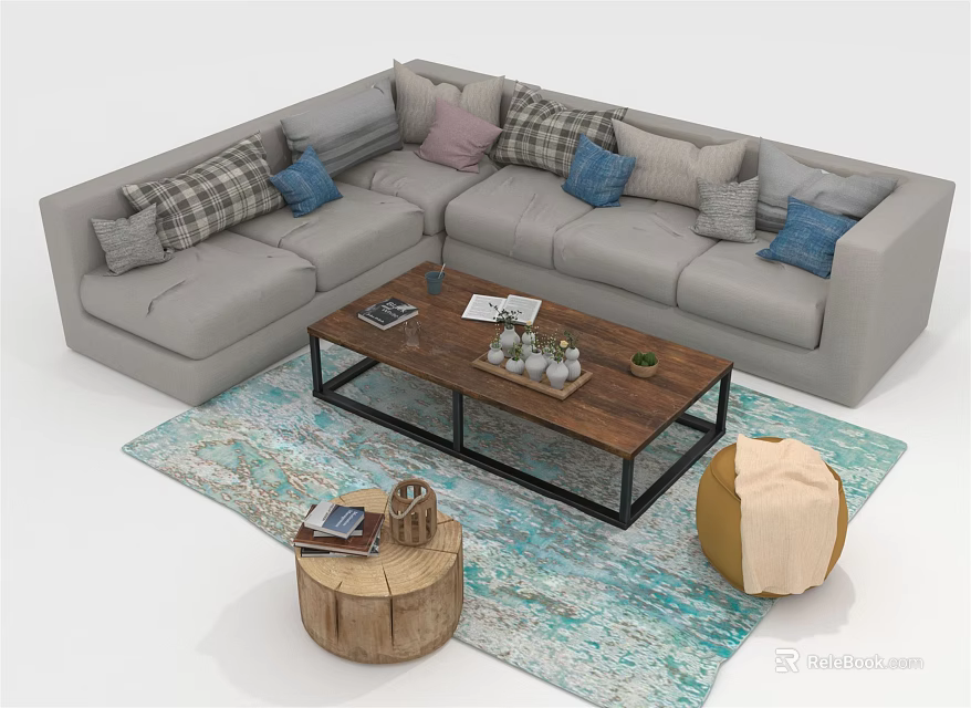 L Shaped Gray Sofa With Colorful Pillows And Wooden Coffee Table Set In Living Room 3d model 