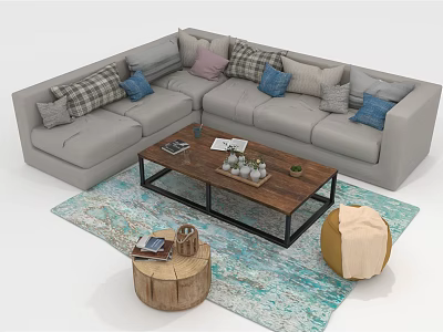 L Shaped Gray Sofa With Colorful Pillows And Wooden Coffee Table Set In Living Room 3d model