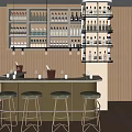 Modern Bar Interior With Gold Countertop Green Stools Pendant Lights Wine Racks And Bottles