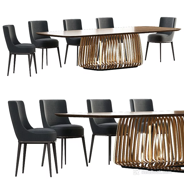 Modern Dining Table And Chairs Set With Gold Metal Base And Dark Upholstered Seats 3d model 