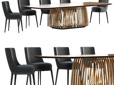 Modern Dining Table And Chairs Set With Gold Metal Base And Dark Upholstered Seats 3d model