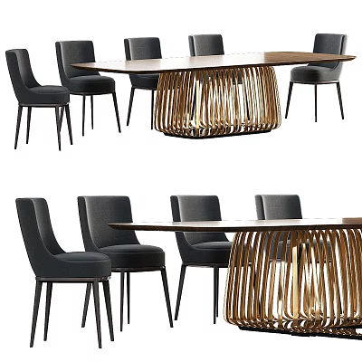 Modern Dining Table And Chairs Set With Gold Metal Base And Dark Upholstered Seats 3d model