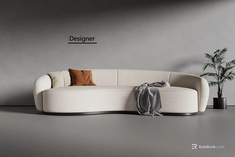 Beige Curved Sectional Sofa With Brown Pillow Gray Blanket In Designer Room And Green Plant 3d model 