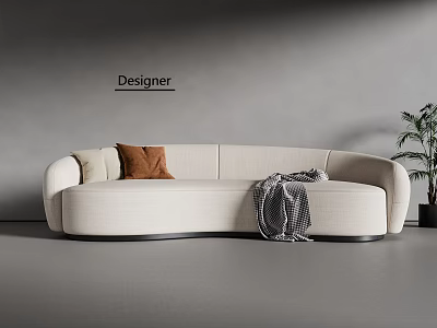 Beige Curved Sectional Sofa With Brown Pillow Gray Blanket In Designer Room And Green Plant 3d model