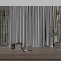 Beige Curtains And White Sheer Covering Large Window With Wooden Windowsill Potted Plant