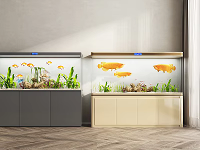 Dual Aquariums with Colorful Fish Green Plants Decorative Rocks on Grey Beige Cabinets Modern Interior 3d model