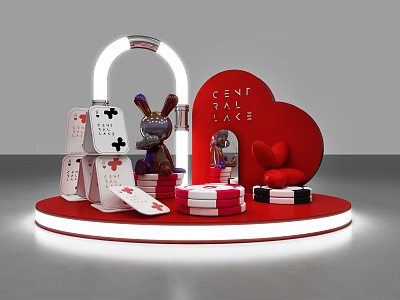 Vibrant Display Scene With Red Heart Background Rabbit Doll Playing Cards And Poker Chips 3d model