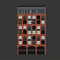 Cartoon Scene Of Multi Story Red Building With Windows Green Awnings And Gray Roof