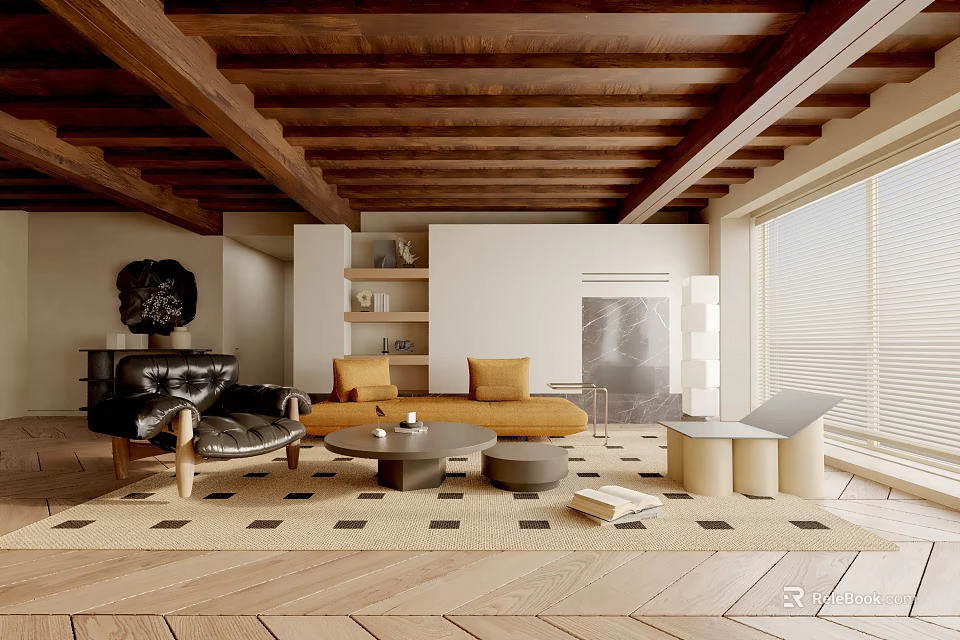 Living Room Interior With Wooden Ceiling Beams Black Leather Armchair Orange Sofa And Geometric Rug 3d model 