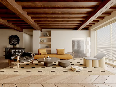 Living Room Interior With Wooden Ceiling Beams Black Leather Armchair Orange Sofa And Geometric Rug 3d model