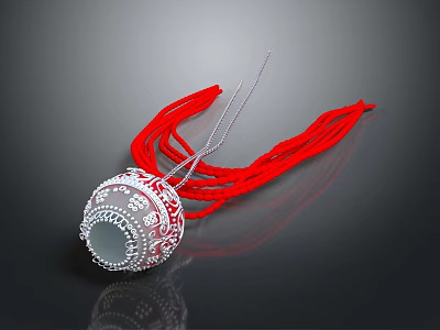 Decorative Silver Circular Necklace Pendant with Red Rope and Intricate Pattern 3d model