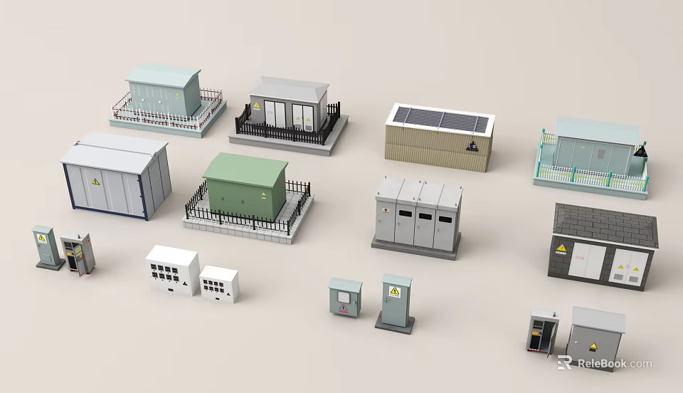 Various Small Public Utility Facilities with Solar Panels Different Designs and Enclosed Structures 3d model 