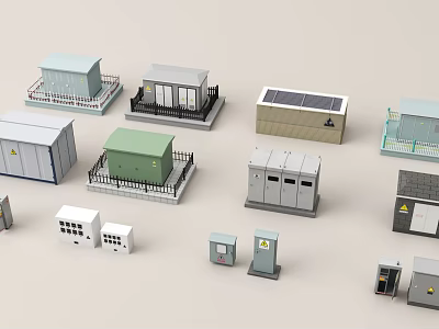 Various Small Public Utility Facilities with Solar Panels Different Designs and Enclosed Structures 3d model