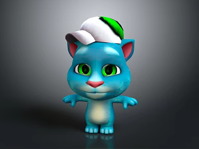 Blue Cartoon Cat Wearing White Green Cap With Green Eyes Pink Nose Arms Outstretched 3d model