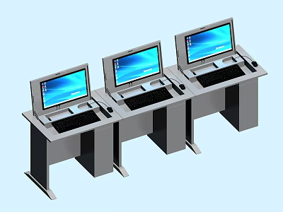 Office Work Desks With Computer Monitors Keyboards And Mice Arranged In A Row 3d model