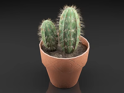 Potted Cactus Plant with Two Green Cacti in Brown Patterned Terracotta Pot 3d model
