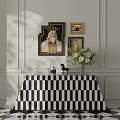 Elegant Entryway Console Table With Side Cabinet Framed Artworks Floral Arrangement And Checkered Cloth