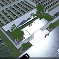 Modern Entrance Gate with Adjacent Building Wall Landscaped Gardens Trees Pedestrians and Nearby Cars