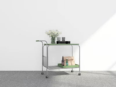 Mobile Cart With White Flowers Glasses Black Tray Green Bag And Books On Gray Floor 3d model
