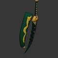 Decorative Green And Gold Curved Ornament With Snake Pattern And Intricate Handle Design