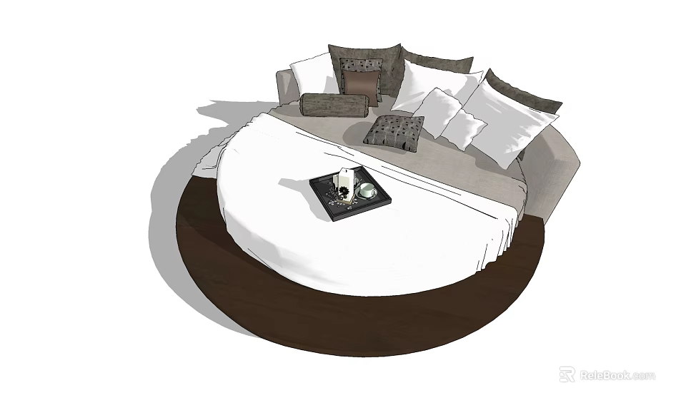 Round Bed With Multiple Pillows And Tray On Comfortable Upholstered Frame 3d model 