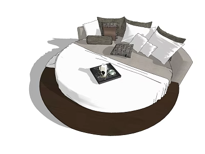 Round Bed With Multiple Pillows And Tray On Comfortable Upholstered Frame 3d model