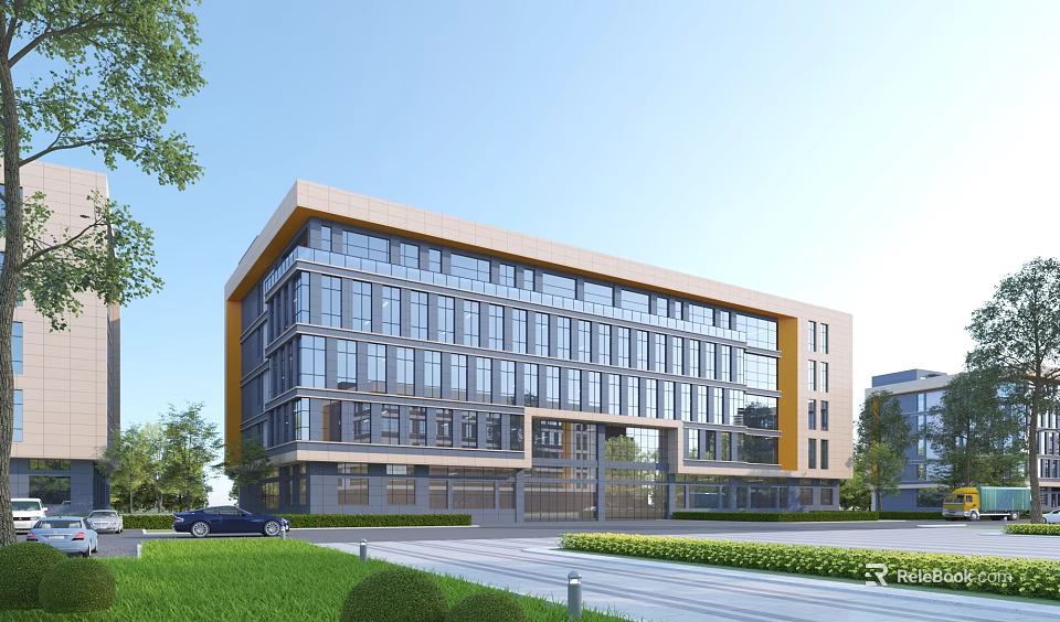 Modern Industrial Factory Building With Glass Facade Multi storey Structure And Landscaped Surroundings 3d model 