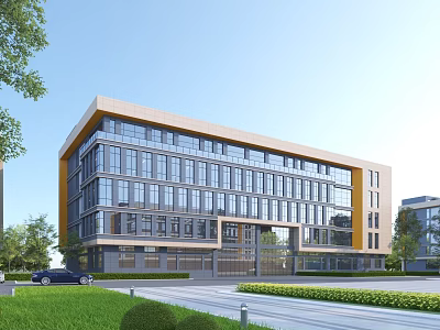 Modern Industrial Factory Building With Glass Facade Multi storey Structure And Landscaped Surroundings 3d model