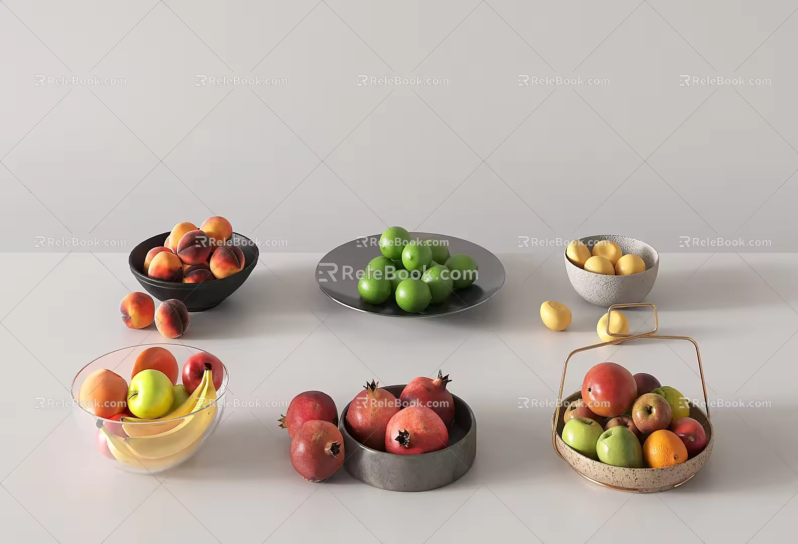 fruit plate fruit tray banana apple pear persimmon pomegranate lemon 3d model