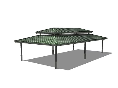 Modern Two Tiered Pergola Structure With Green Roof And Supporting Columns 3d model