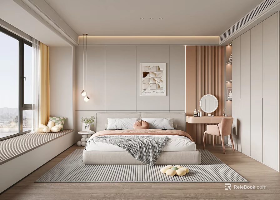 Modern Bedroom Interior Design With Large Bed Artwork Striped Rug And Window Bench 3d model