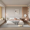 Modern Bedroom Interior Design With Large Bed Artwork Striped Rug And Window Bench 3d model